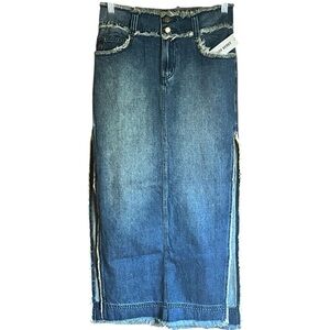 Urban Outfitters Long Denim Skirt w/Frayed Hem and Waist and Side Slits sz Small